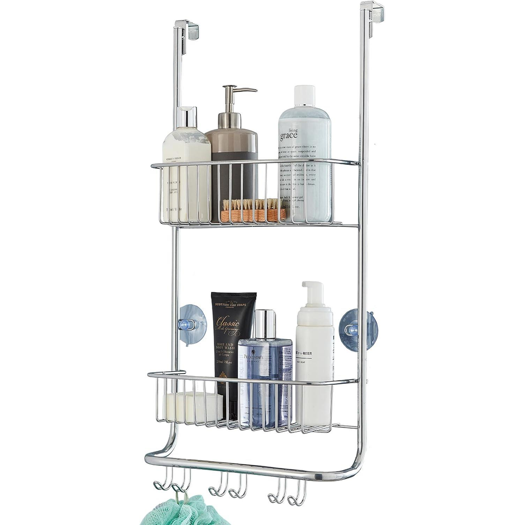 Over Door 2-Tier Shower Caddy with Hooks – Rust-Proof Nano Coating Bathroom Organizer