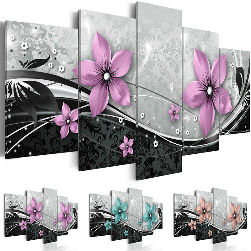 5-Piece Background Wall Decoration Painting – Floral Canvas Art Set for Living Room, Bedroom & Home Décor (Purple / Cyan / Pink)
