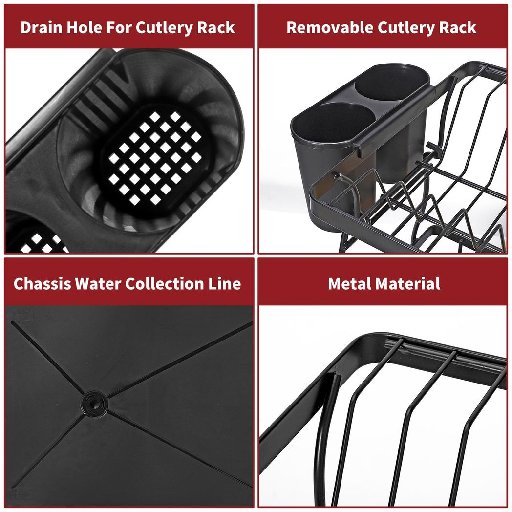 2-Tier Black Dish Drying Rack – Stainless Steel Kitchen Drainer with Auto Drain Tray & Utensil Holder