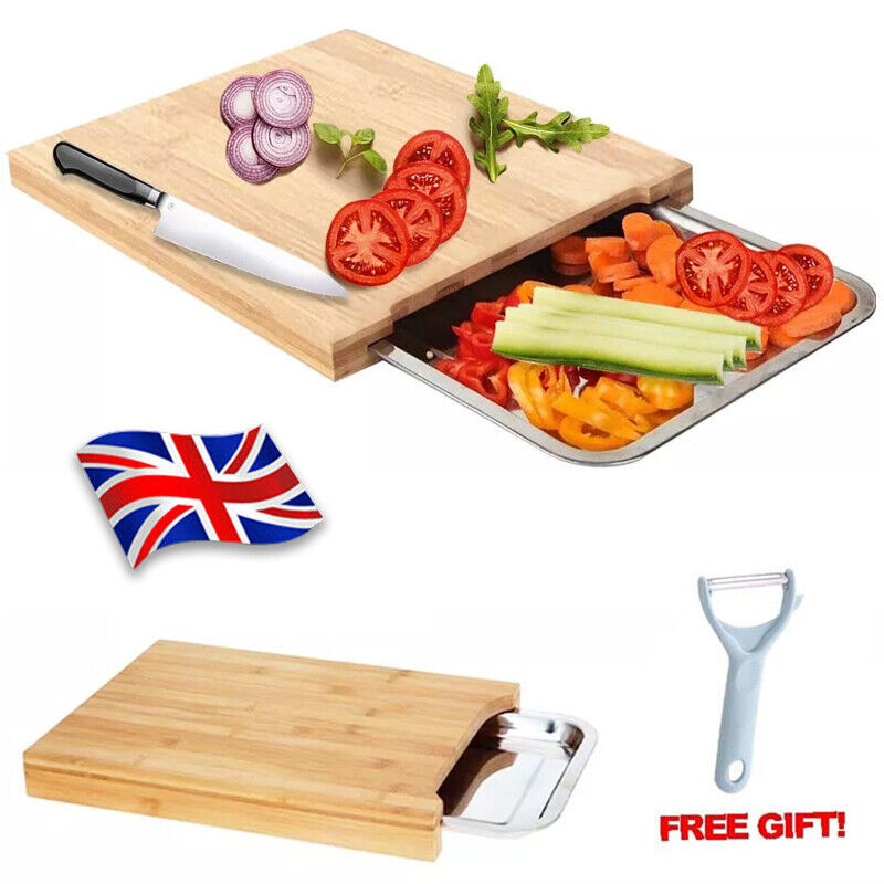 Bamboo Wooden Chopping Board with Sliding Stainless Steel Tray – Kitchen Prep & Slicing Station