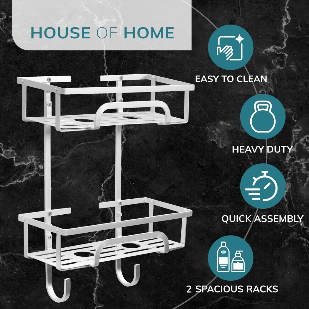 Self Adhesive 2-Tier Aluminium Shower Caddy with Hooks – No Drill Bathroom Storage Organizer