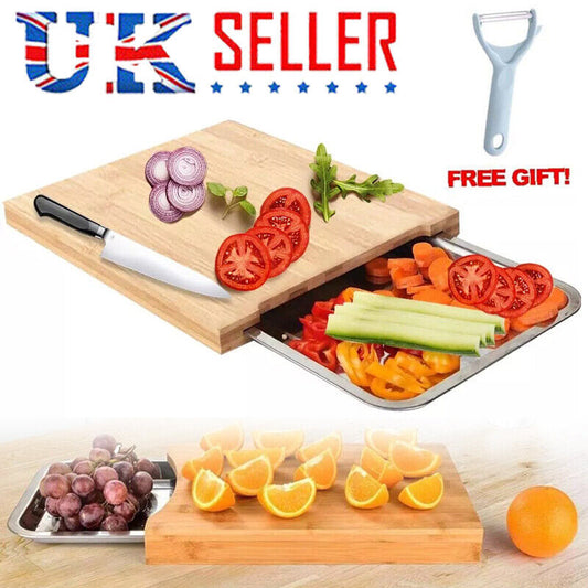Bamboo Wooden Chopping Board with Sliding Stainless Steel Tray – Kitchen Prep & Slicing Station
