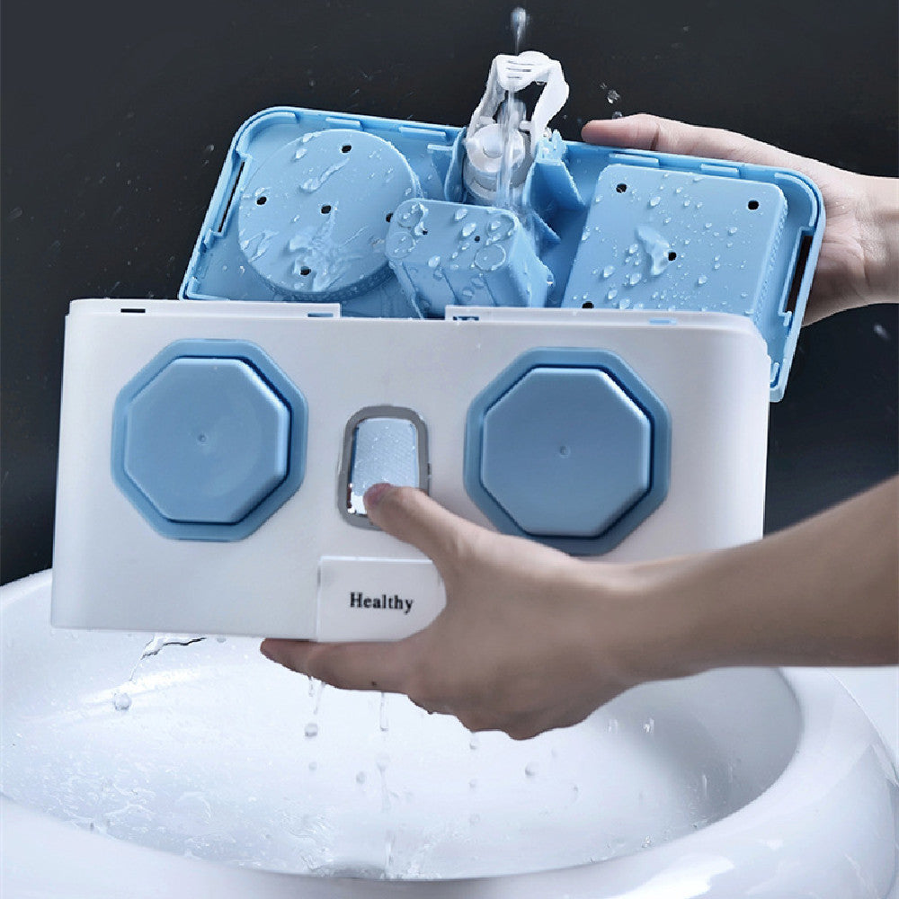 Wall-Mounted Toothbrush Holder with Toothpaste Dispenser – Punch-Free Bathroom Storage Rack (2/4 Cups, Blue / White / Grey)