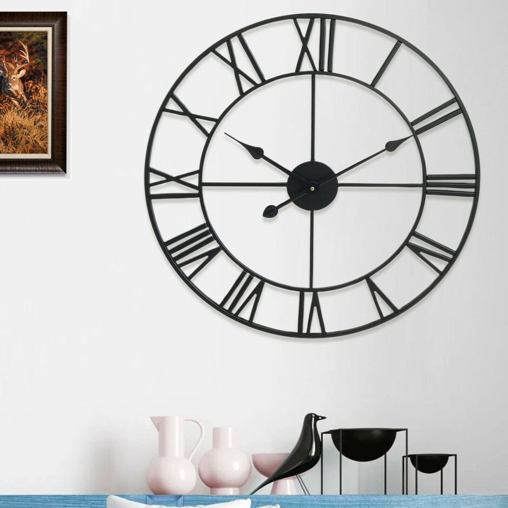 40CM Roman Metal Wall Clock – Vintage Skeleton Design, Black