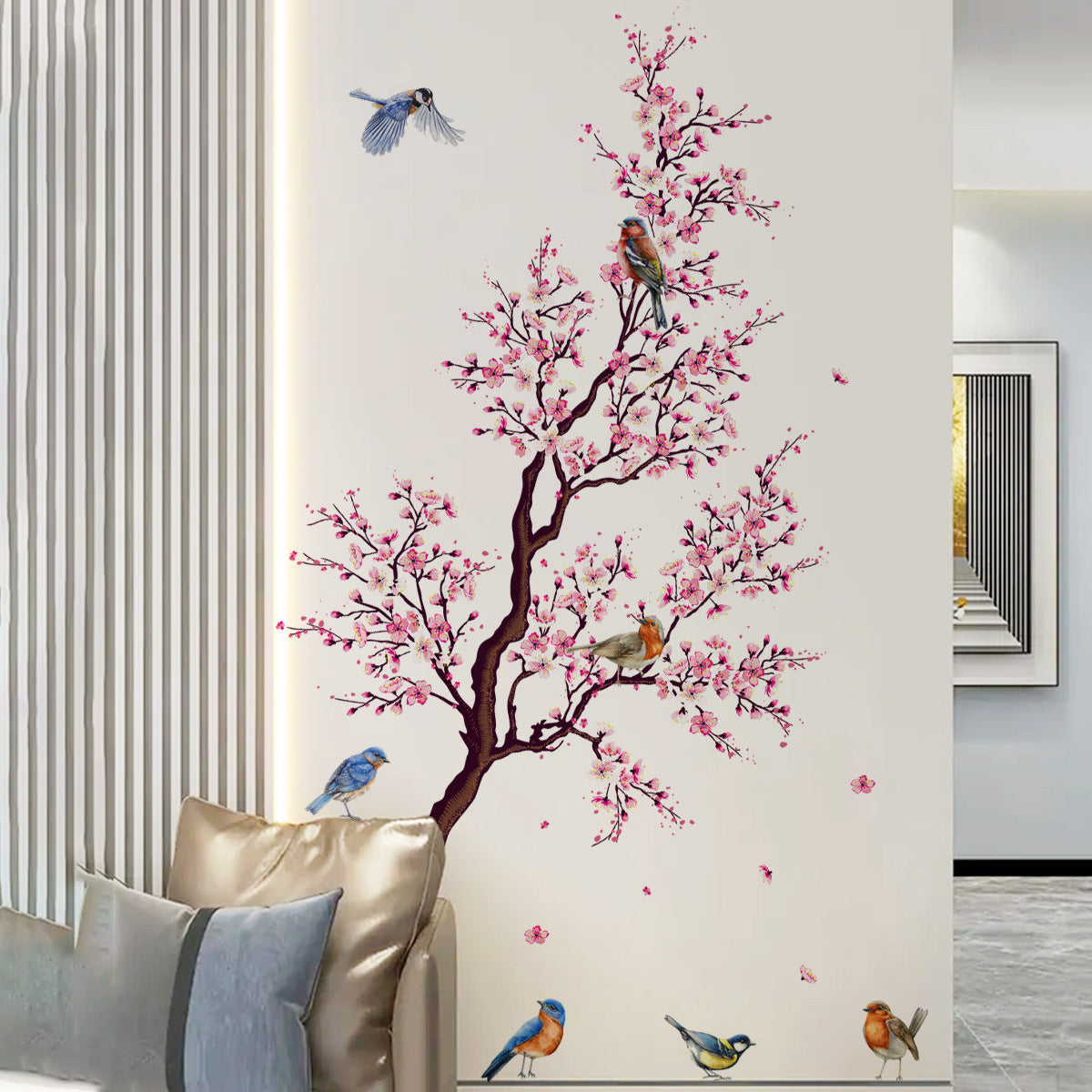 Peach Blossom Branch Bird Wall Sticker β 60Γ30 cm β Waterproof & Removable PVC Wall Art for Kitchen, Dining & Living Spaces