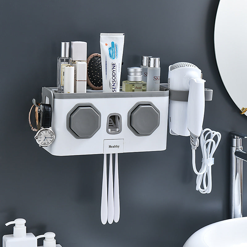Wall-Mounted Toothbrush Holder with Toothpaste Dispenser – Punch-Free Bathroom Storage Rack (2/4 Cups, Blue / White / Grey)