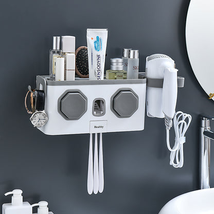 Wall-Mounted Toothbrush Holder with Toothpaste Dispenser – Punch-Free Bathroom Storage Rack (2/4 Cups, Blue / White / Grey)
