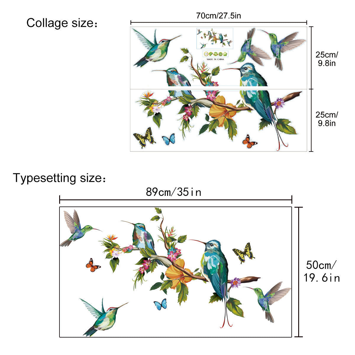 Color Butterfly Branch Bird Wall Sticker – 25×70 cm – Waterproof & Removable PVC Wall Art