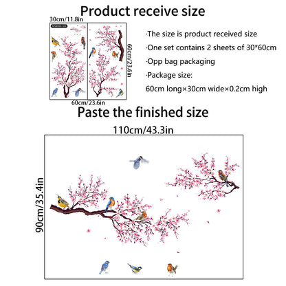 Peach Blossom Branch Bird Wall Sticker – 60×30 cm – Waterproof & Removable PVC Wall Art for Kitchen, Dining & Living Spaces