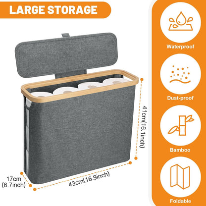 Toilet Paper Storage Basket with Lid – Bamboo & Waterproof Fabric Holder for Bathroom, RV & Small Spaces (Fits 9–12 Rolls)