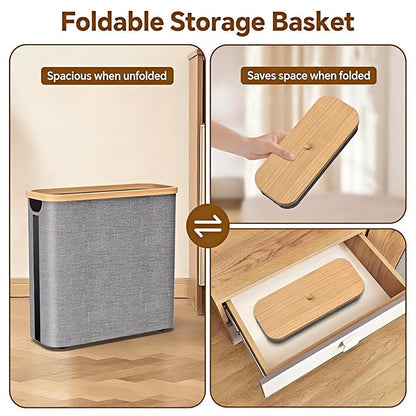 Toilet Paper Storage Basket with Lid – Bamboo & Waterproof Fabric Holder for Bathroom, RV & Small Spaces (Fits 9–12 Rolls)