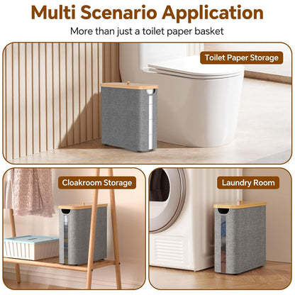 Toilet Paper Storage Basket with Lid – Bamboo & Waterproof Fabric Holder for Bathroom, RV & Small Spaces (Fits 9–12 Rolls)