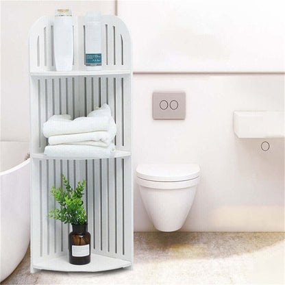 3-Tier Wall Corner Shelf – White Waterproof Wood-Plastic Rack for Bathroom, Kitchen & Living Room (21×21×80cm)