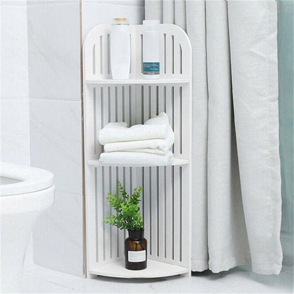 3-Tier Wall Corner Shelf – White Waterproof Wood-Plastic Rack for Bathroom, Kitchen & Living Room (21×21×80cm)