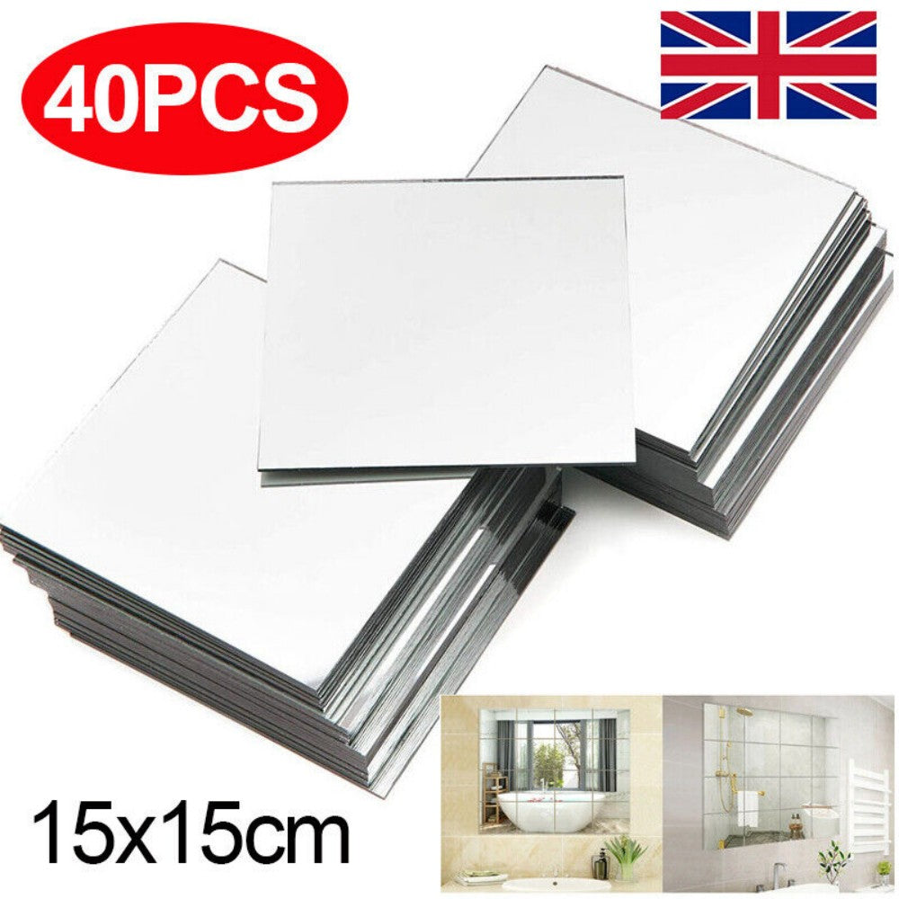 40-Piece Self-Adhesive Mirror Wall Stickers – Square Acrylic Glass Tiles for Home Decoration (15×15cm, Silver)