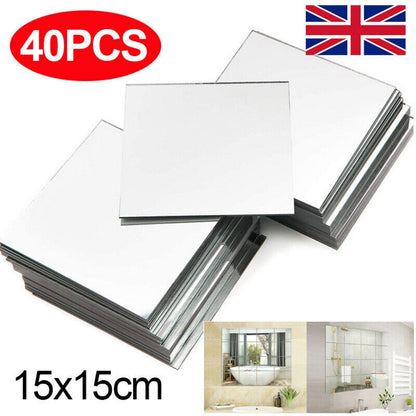 40-Piece Self-Adhesive Mirror Wall Stickers – Square Acrylic Glass Tiles for Home Decoration (15×15cm, Silver)
