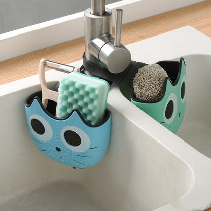 Hanging Sink Drain Shelf Basket – Cute Cat-Face Design, 1-Layer TPR/PP Hanging Bag (Pink / Blue / Green)