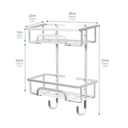 Self Adhesive 2-Tier Aluminium Shower Caddy with Hooks – No Drill Bathroom Storage Organizer