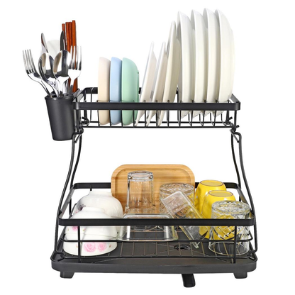 2-Tier Black Dish Drying Rack – Stainless Steel Kitchen Drainer with Auto Drain Tray & Utensil Holder