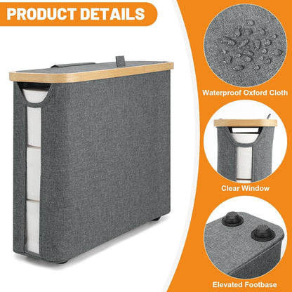 Toilet Paper Storage Basket with Lid – Bamboo & Waterproof Fabric Holder for Bathroom, RV & Small Spaces (Fits 9–12 Rolls)