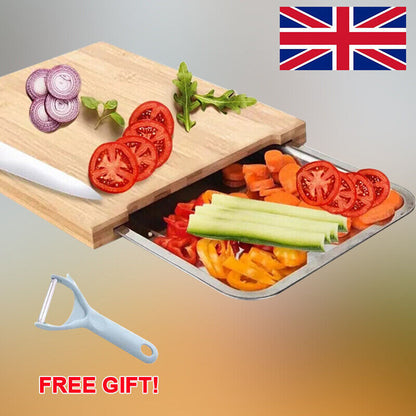 Bamboo Wooden Chopping Board with Sliding Stainless Steel Tray – Kitchen Prep & Slicing Station