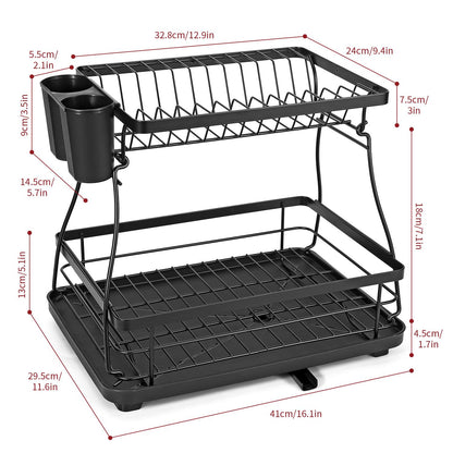 2-Tier Black Dish Drying Rack – Stainless Steel Kitchen Drainer with Auto Drain Tray & Utensil Holder