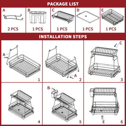 2-Tier Black Dish Drying Rack – Stainless Steel Kitchen Drainer with Auto Drain Tray & Utensil Holder