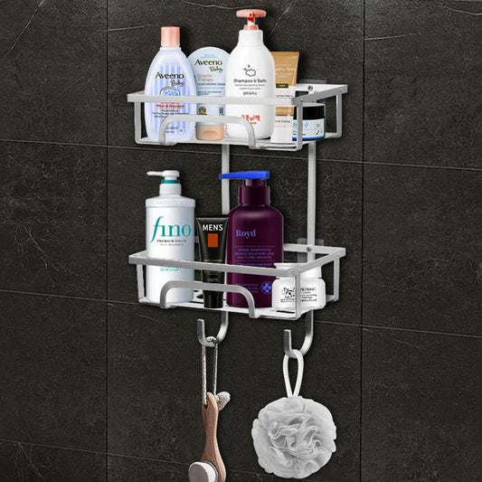 Self Adhesive 2-Tier Aluminium Shower Caddy with Hooks – No Drill Bathroom Storage Organizer