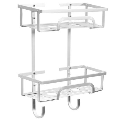 Self Adhesive 2-Tier Aluminium Shower Caddy with Hooks – No Drill Bathroom Storage Organizer