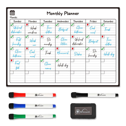 Vinsani Monthly Planner Whiteboard with 4 Markers & Eraser – Magnetic Monthly Organiser 42.8×29.7cm