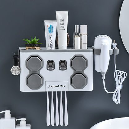 Wall-Mounted Toothbrush Holder with Toothpaste Dispenser – Punch-Free Bathroom Storage Rack (2/4 Cups, Blue / White / Grey)