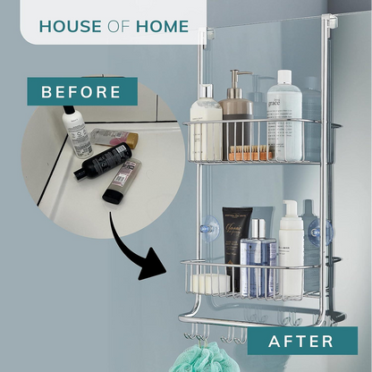 Over Door 2-Tier Shower Caddy with Hooks – Rust-Proof Nano Coating Bathroom Organizer