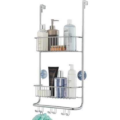 Over Door 2-Tier Shower Caddy with Hooks – Rust-Proof Nano Coating Bathroom Organizer